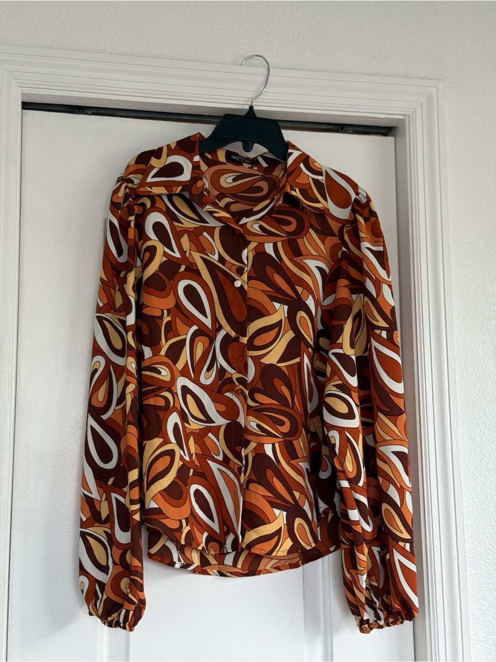 Nasty Gal Retro Swirl Print Button-Up Blouse in Brown and Orange